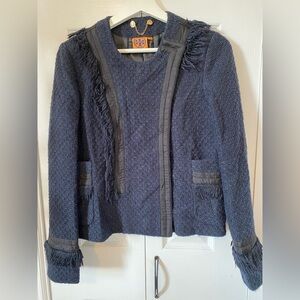 Tory Burch Tweed Jacket Navy With Fringe Snap Front Cotton Blend Like New Size 4